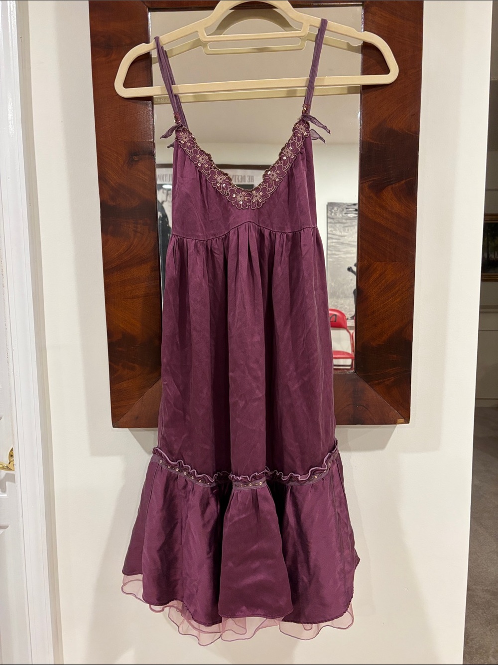 Vintage Free People silk Plum Lace/beaded-Trim Slip Dress w/embellish Ruffle Hem